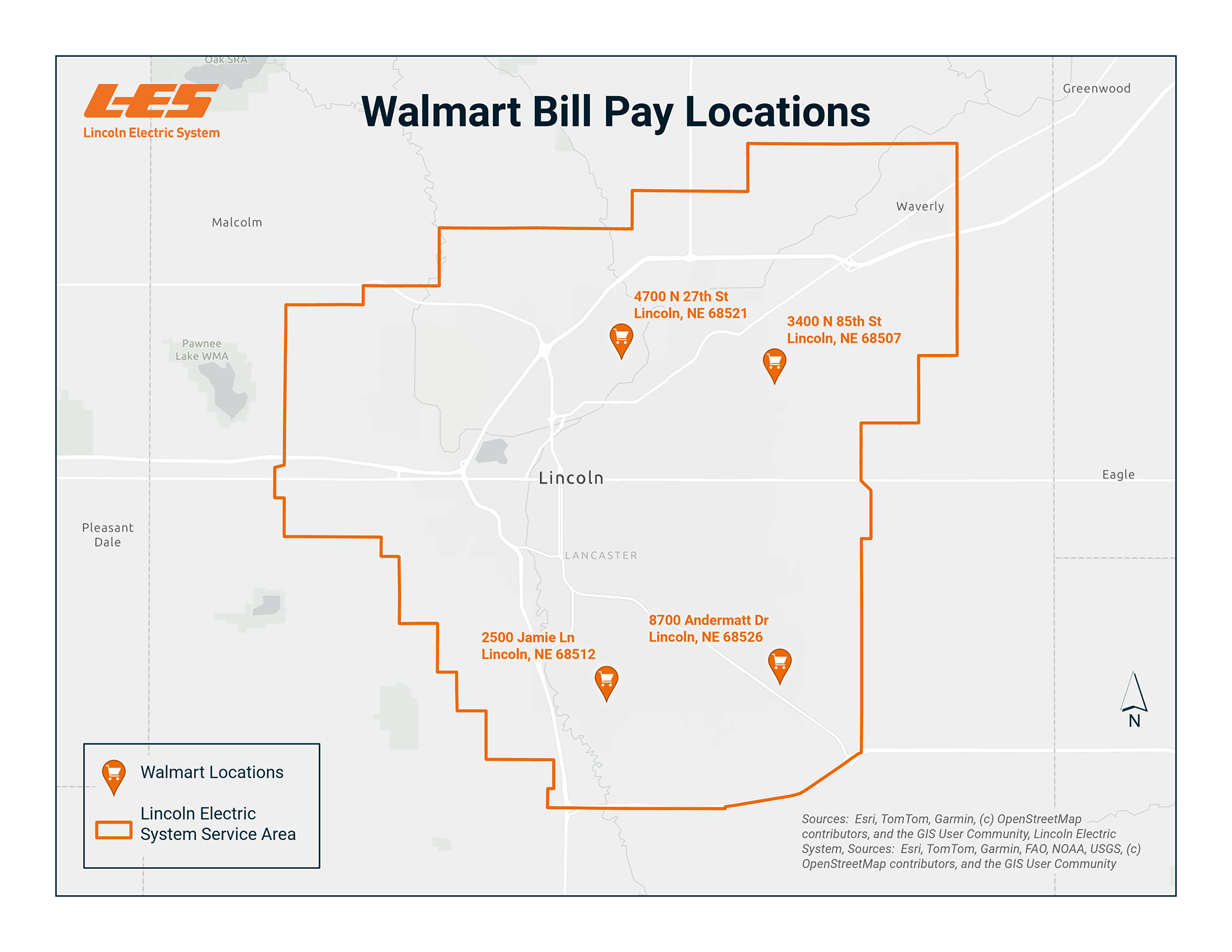 На цій карті показано всі чотири пункти оплати рахунків Walmart у зоні обслуговування LES.
