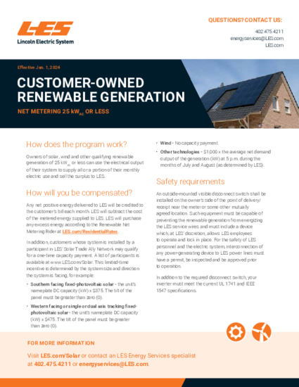 Customer-owned generation net metering overview